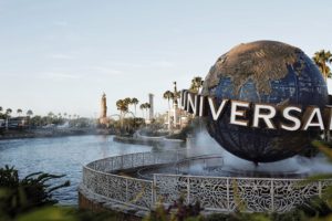 Universal Studios Orlando entrance with a fountain, palm trees and rides in the background along with a large pond in the middle