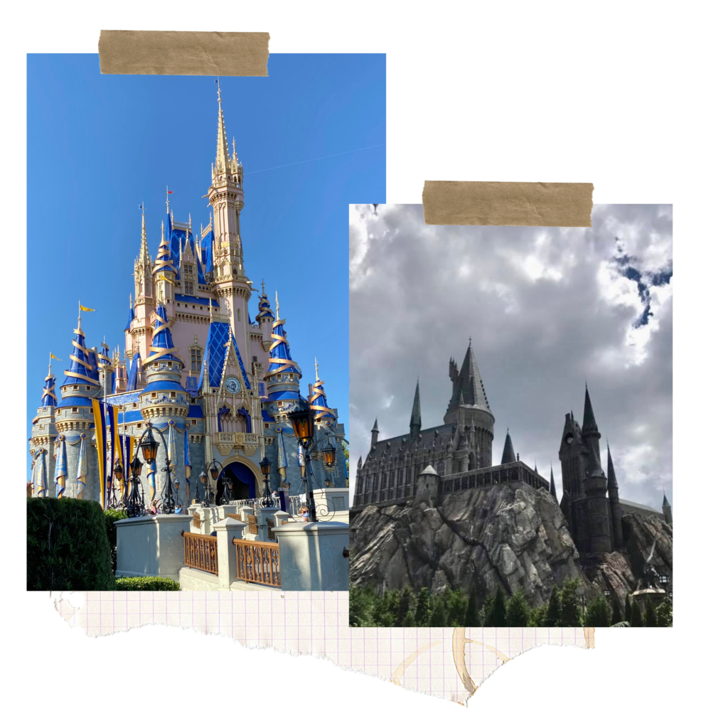 picture showing a torn paper in the background with cinderella's castle on the left and hogwarts on the right with brown tape on the top of the two pictures